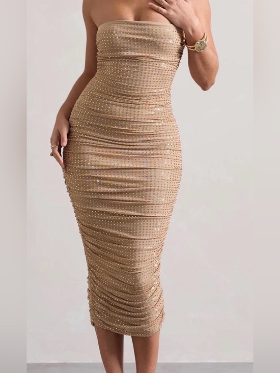 Club L London Dresses & Skirts - Club L London Strapless Rhinestone Ruched Midi Dress – Size L